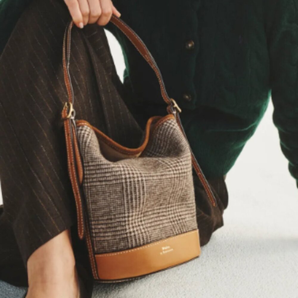 Polo Ralph Lauren Wool Glen Plaid & Suede Bucket Bag